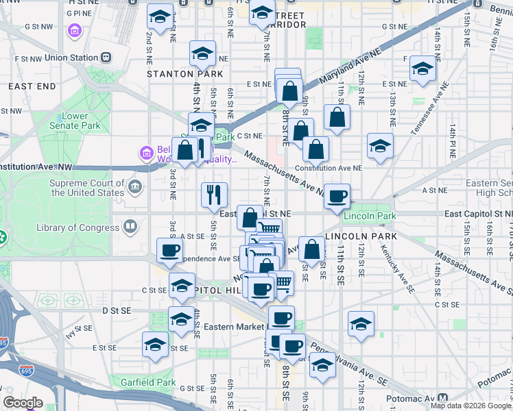map of restaurants, bars, coffee shops, grocery stores, and more near 101 Independence Avenue Southeast in Washington