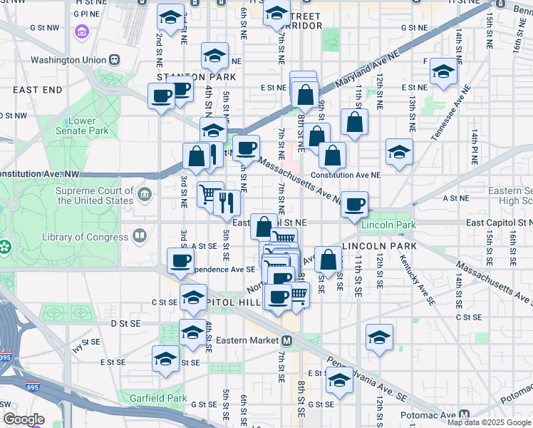 map of restaurants, bars, coffee shops, grocery stores, and more near 634 East Capitol Street Northeast in Washington