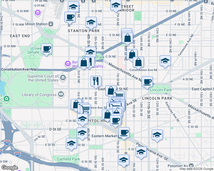 map of restaurants, bars, coffee shops, grocery stores, and more near 101 Independence Avenue Southeast in Washington
