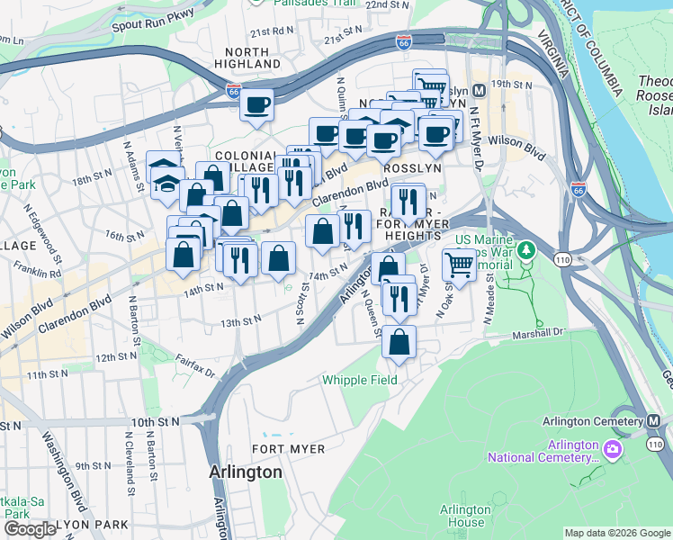map of restaurants, bars, coffee shops, grocery stores, and more near 101 Independence Avenue Southeast in Washington