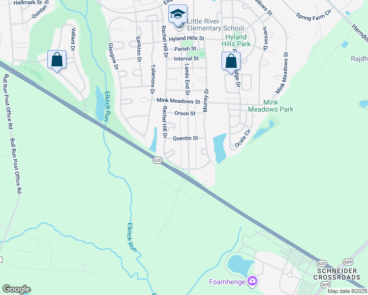 map of restaurants, bars, coffee shops, grocery stores, and more near 26211 Lands End Drive in Chantilly