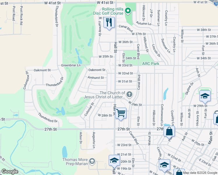 map of restaurants, bars, coffee shops, grocery stores, and more near 1101 Eldorado Lane in Hays
