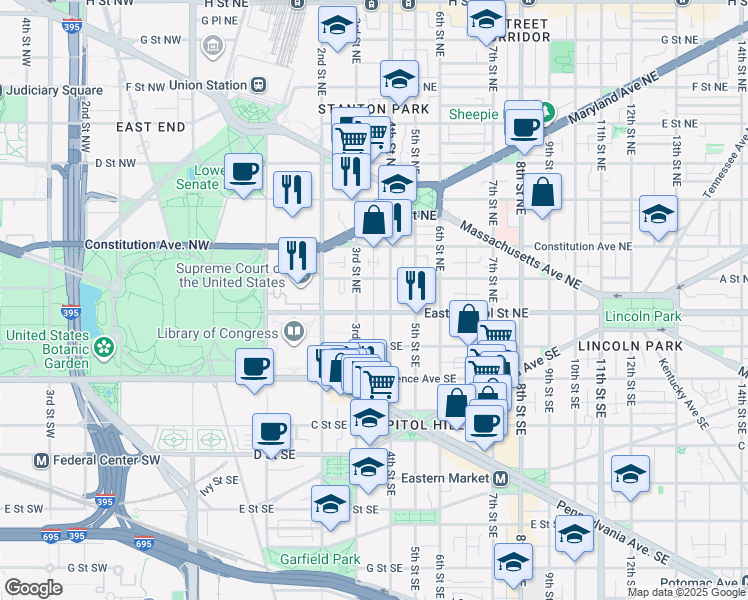 map of restaurants, bars, coffee shops, grocery stores, and more near 314 East Capitol Street Northeast in Washington