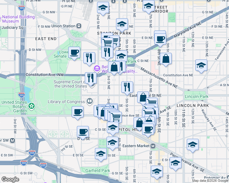 map of restaurants, bars, coffee shops, grocery stores, and more near 314 East Capitol Street Northeast in Washington