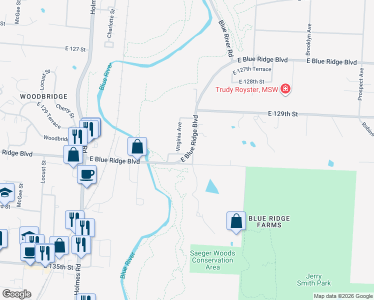 map of restaurants, bars, coffee shops, grocery stores, and more near 12934 East Blue Ridge Boulevard in Kansas City