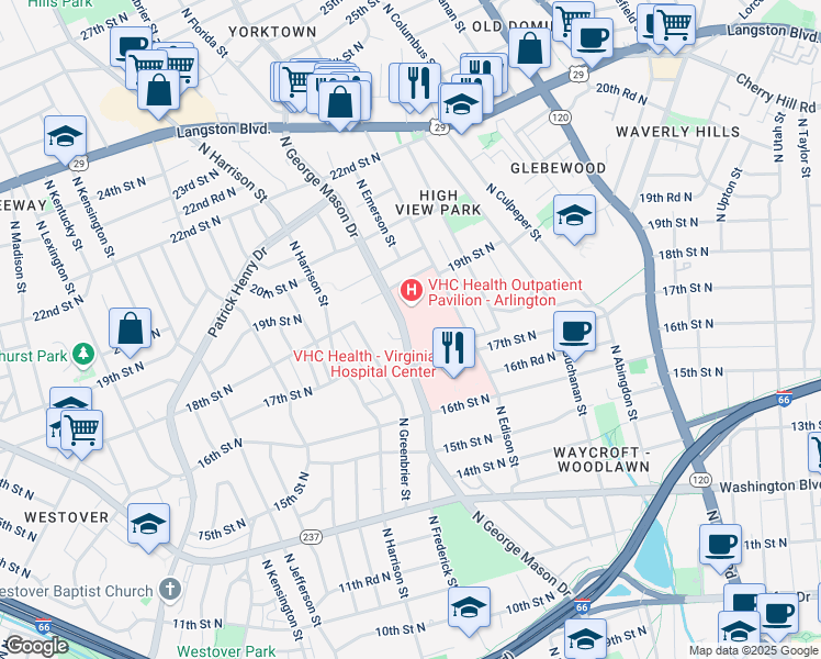 map of restaurants, bars, coffee shops, grocery stores, and more near 1715 North George Mason Drive in Arlington