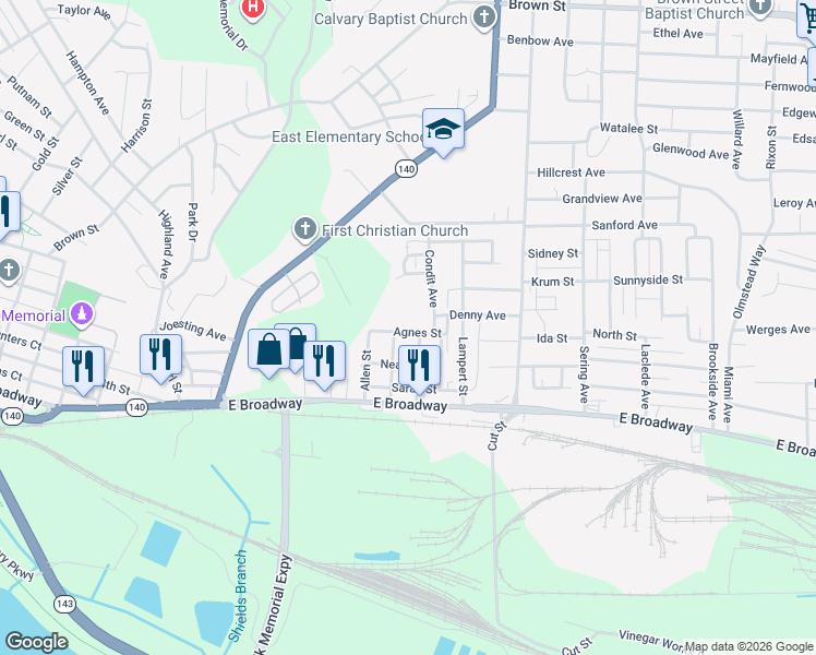 map of restaurants, bars, coffee shops, grocery stores, and more near 2312 Agnes Street in Alton