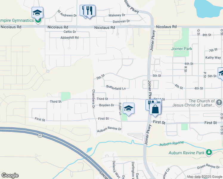 map of restaurants, bars, coffee shops, grocery stores, and more near 2133 Butterfield Lane in Lincoln