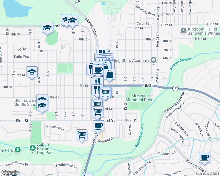 map of restaurants, bars, coffee shops, grocery stores, and more near 595 McBean Park Drive in Lincoln