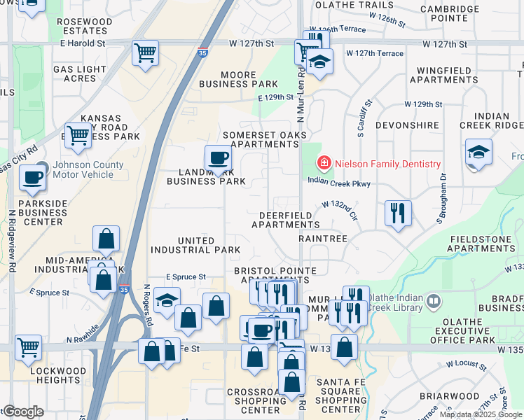 map of restaurants, bars, coffee shops, grocery stores, and more near 597 North Somerset Terrace in Olathe