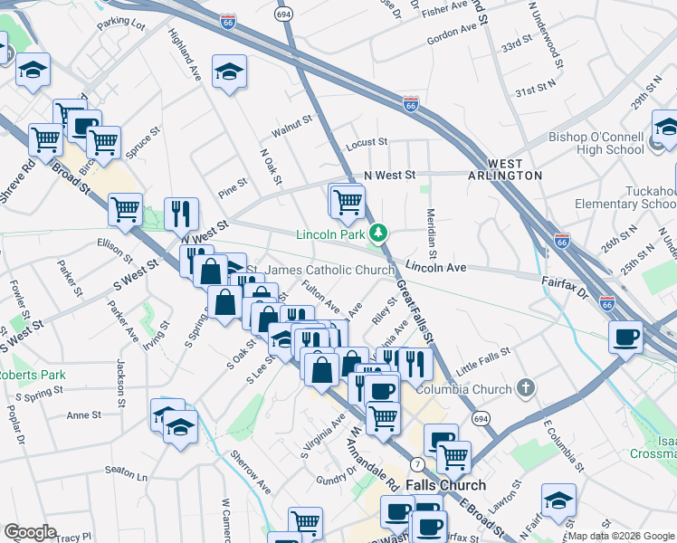 map of restaurants, bars, coffee shops, grocery stores, and more near 313 North Lee Street in Falls Church