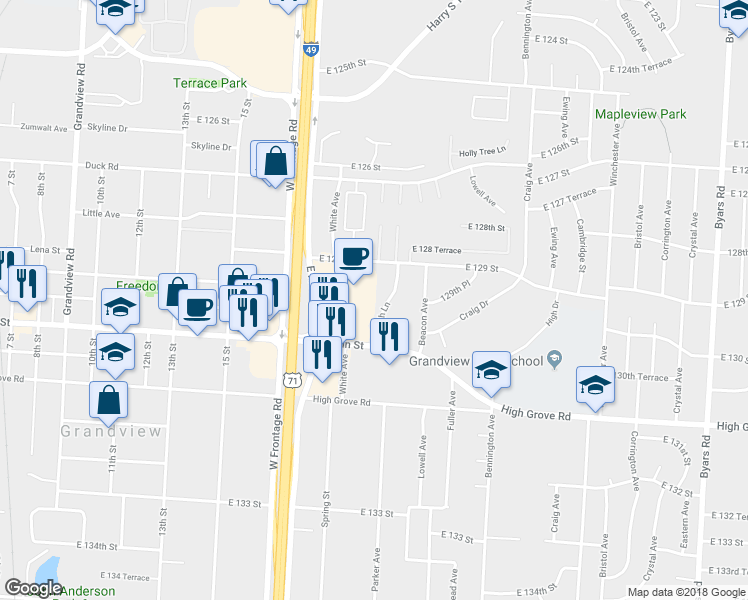 map of restaurants, bars, coffee shops, grocery stores, and more near 12920 Booth Lane in Grandview