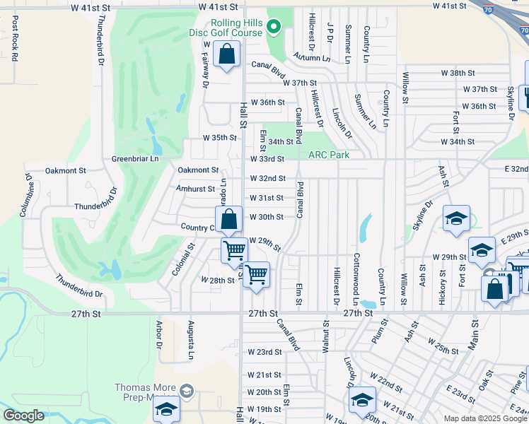 map of restaurants, bars, coffee shops, grocery stores, and more near 510 West 31st Street in Hays