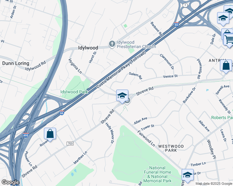 map of restaurants, bars, coffee shops, grocery stores, and more near 7619 Virginia Avenue in Falls Church