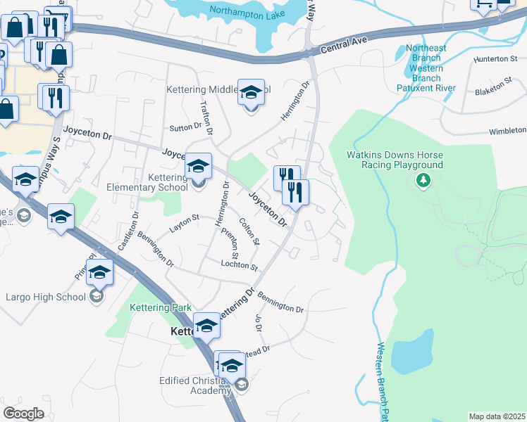 map of restaurants, bars, coffee shops, grocery stores, and more near 11301 Joyceton Drive in Upper Marlboro