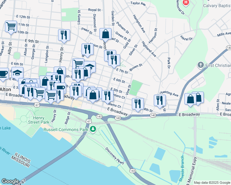 map of restaurants, bars, coffee shops, grocery stores, and more near 420 Cherry Street in Alton