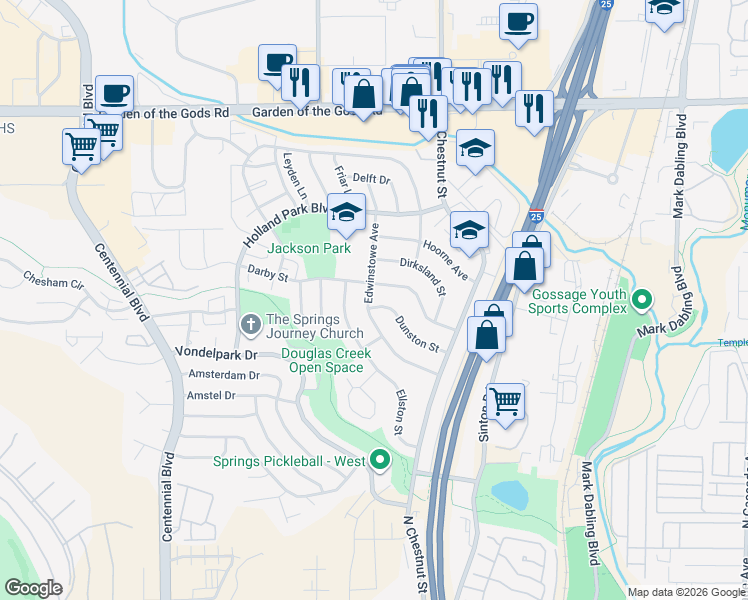 map of restaurants, bars, coffee shops, grocery stores, and more near 907 Darby Street in Colorado Springs