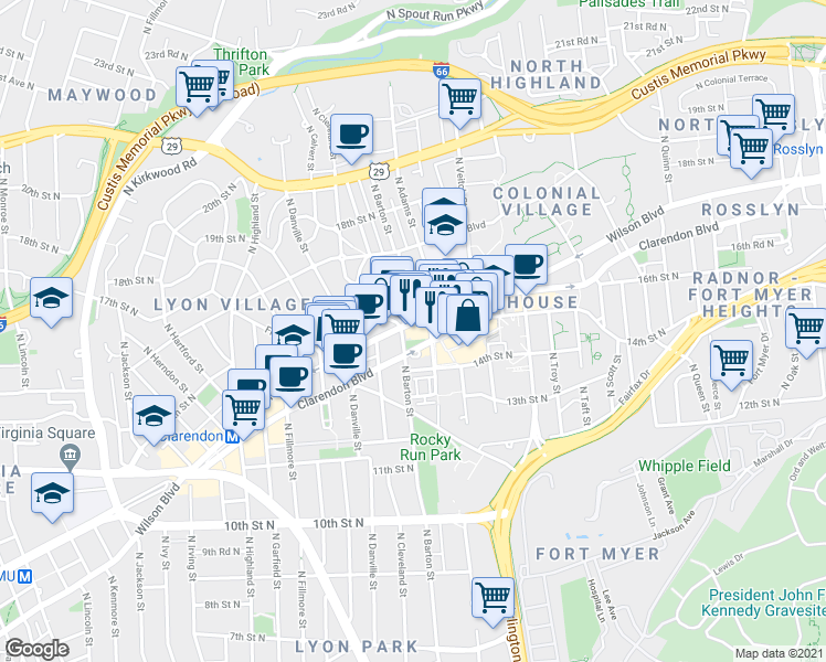map of restaurants, bars, coffee shops, grocery stores, and more near 2424 Wilson Boulevard in Arlington