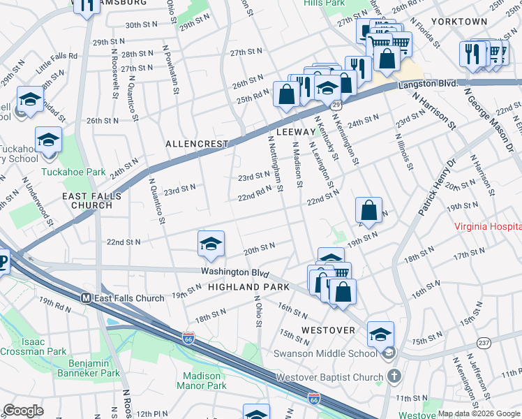map of restaurants, bars, coffee shops, grocery stores, and more near 6029 22nd Street North in Arlington
