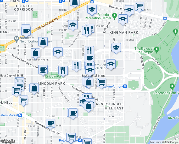 map of restaurants, bars, coffee shops, grocery stores, and more near 11 15th Street Northeast in Washington
