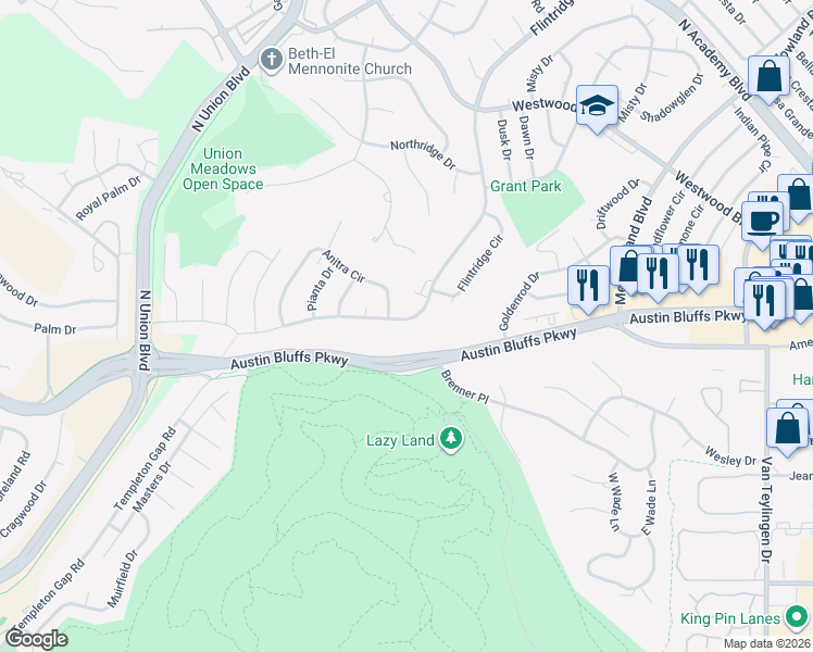 map of restaurants, bars, coffee shops, grocery stores, and more near 2705 Flintridge Drive in Colorado Springs