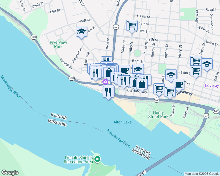 map of restaurants, bars, coffee shops, grocery stores, and more near 3 Highway 100 in Alton