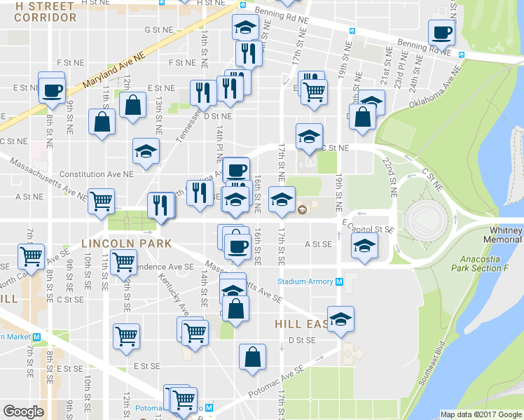 map of restaurants, bars, coffee shops, grocery stores, and more near 101 Independence Avenue Southeast in Washington