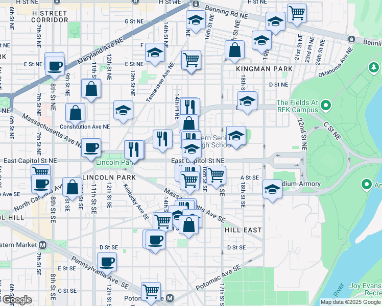 map of restaurants, bars, coffee shops, grocery stores, and more near 11 15th Street Northeast in Washington