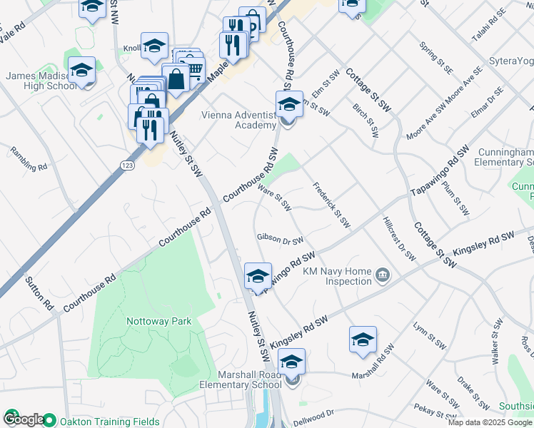 map of restaurants, bars, coffee shops, grocery stores, and more near 605 Thelma Circle Southwest in Vienna