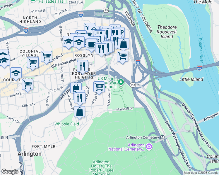 map of restaurants, bars, coffee shops, grocery stores, and more near 1420-1498 North Meade Street in Arlington