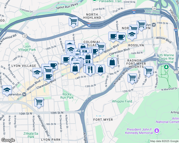 map of restaurants, bars, coffee shops, grocery stores, and more near 1435 North Courthouse Road in Arlington