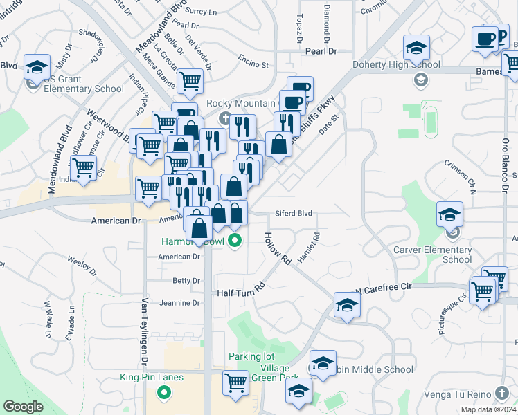 map of restaurants, bars, coffee shops, grocery stores, and more near 1003 Date Street in Colorado Springs