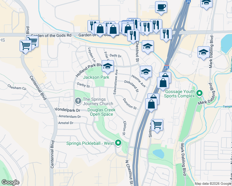 map of restaurants, bars, coffee shops, grocery stores, and more near 907 Darby Street in Colorado Springs