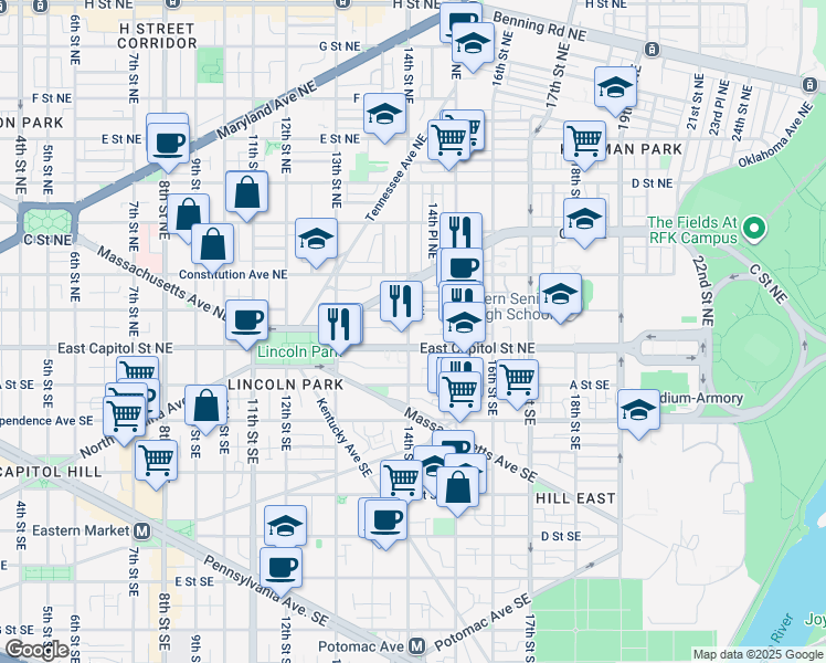 map of restaurants, bars, coffee shops, grocery stores, and more near 101 Independence Avenue Southeast in Washington