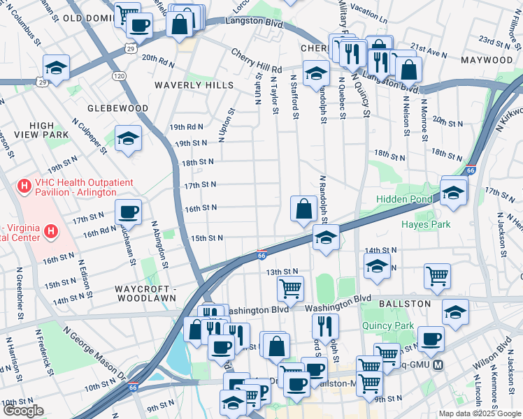 map of restaurants, bars, coffee shops, grocery stores, and more near 1535 North Utah Street in Arlington