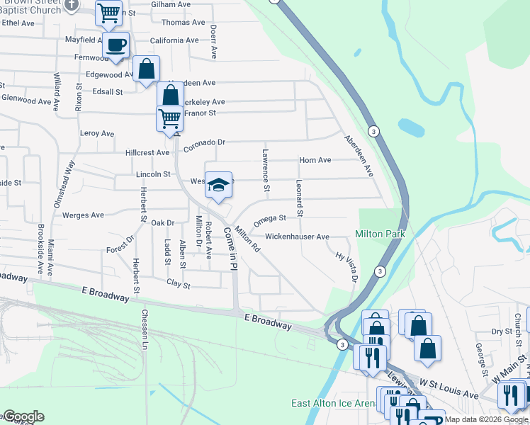 map of restaurants, bars, coffee shops, grocery stores, and more near 3523 Oscar Avenue in Alton