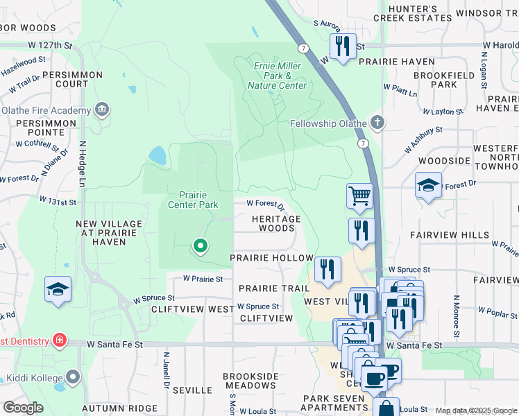 map of restaurants, bars, coffee shops, grocery stores, and more near 1517 West Forest Drive in Olathe