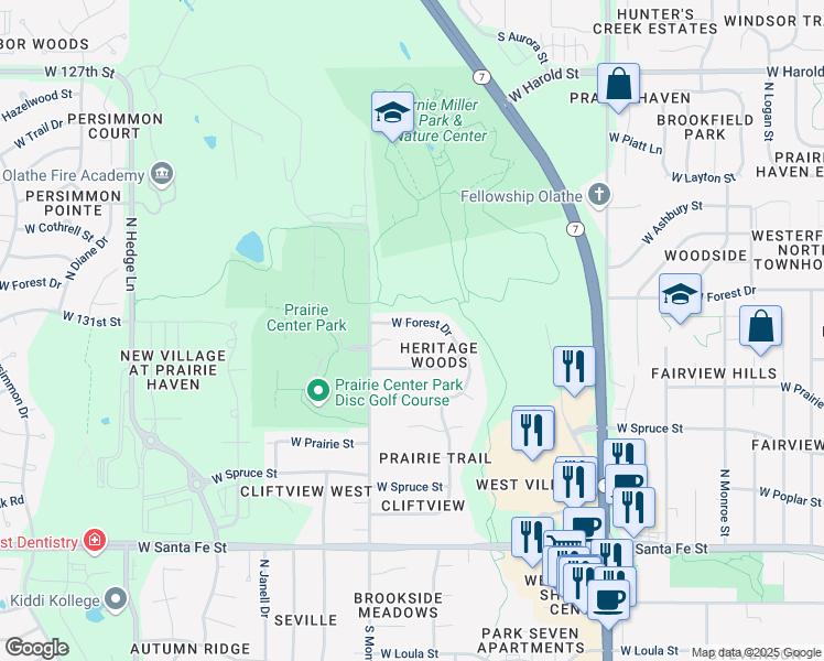 map of restaurants, bars, coffee shops, grocery stores, and more near 1517 West Forest Drive in Olathe