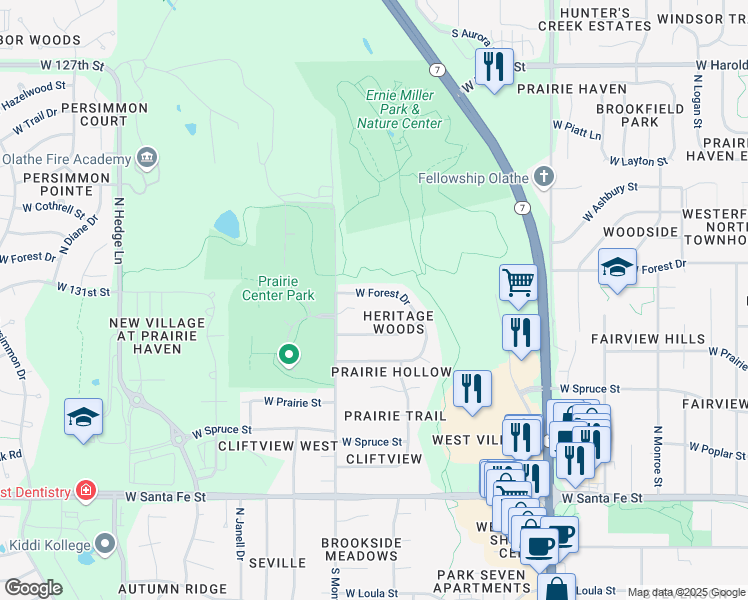 map of restaurants, bars, coffee shops, grocery stores, and more near 1517 W Forest Dr in Olathe