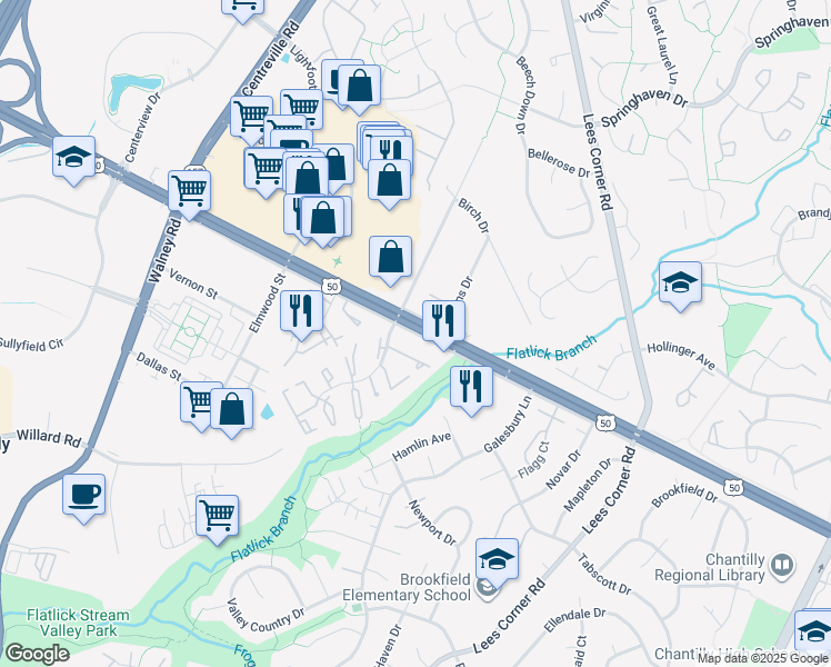 map of restaurants, bars, coffee shops, grocery stores, and more near U.S. 50 Service Road in Chantilly
