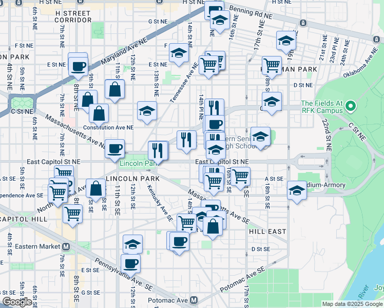 map of restaurants, bars, coffee shops, grocery stores, and more near 45 14th Street Northeast in Washington