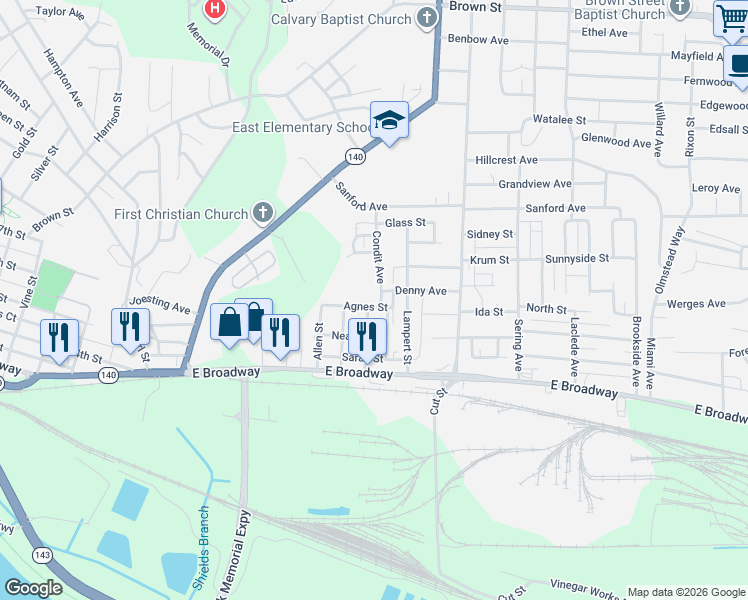 map of restaurants, bars, coffee shops, grocery stores, and more near 2312 Agnes Street in Alton