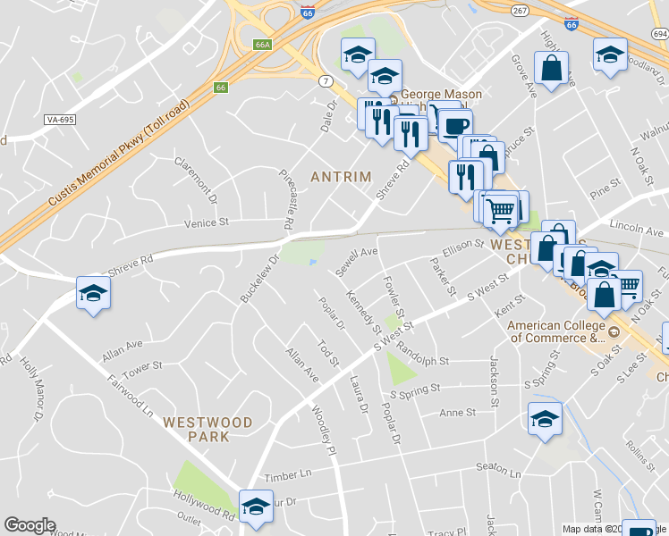 map of restaurants, bars, coffee shops, grocery stores, and more near 7208 Sewell Avenue in Falls Church