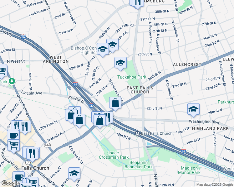 map of restaurants, bars, coffee shops, grocery stores, and more near 2400 North Underwood Street in Arlington