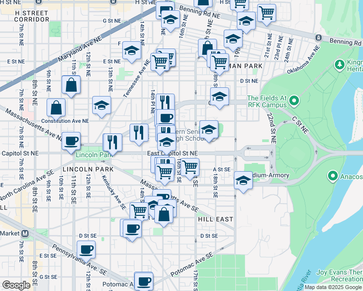 map of restaurants, bars, coffee shops, grocery stores, and more near 13 16th Street Northeast in Washington