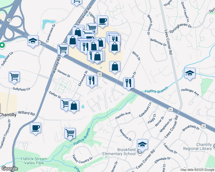 map of restaurants, bars, coffee shops, grocery stores, and more near 4051 Kimberley Glen Court in Chantilly