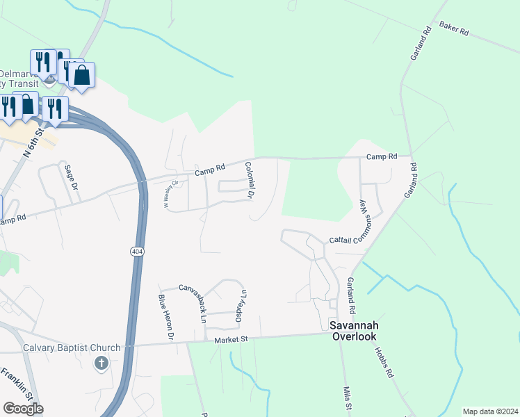 map of restaurants, bars, coffee shops, grocery stores, and more near 410 Colonial Drive in Denton