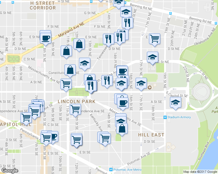 map of restaurants, bars, coffee shops, grocery stores, and more near 45 14th Street Northeast in Washington