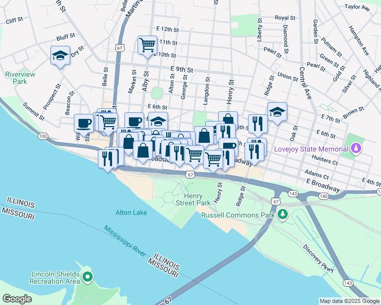 map of restaurants, bars, coffee shops, grocery stores, and more near 439 East 3rd Street in Alton