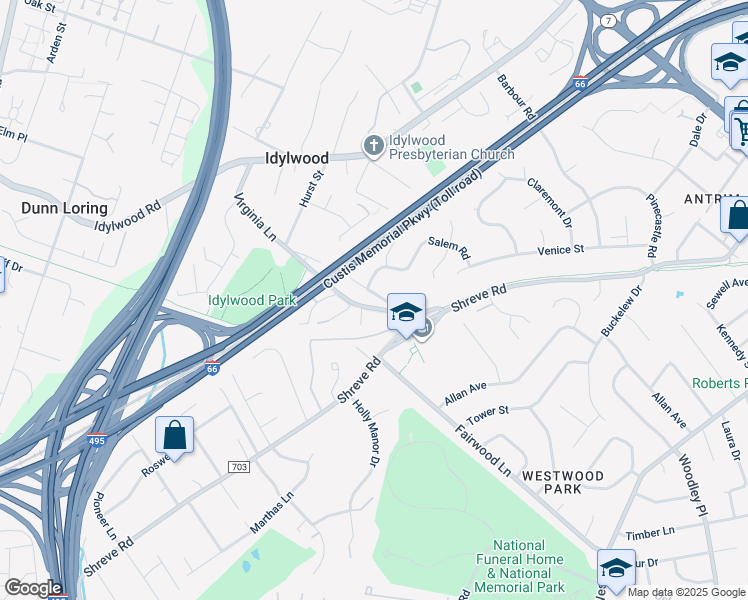 map of restaurants, bars, coffee shops, grocery stores, and more near 7619 Virginia Avenue in Falls Church
